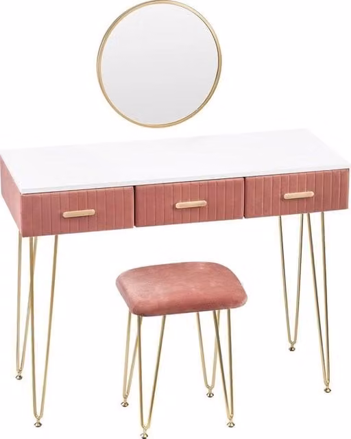 Tavolo da trucco con sgabello e specchio - Capitavolo, tavolo da bagno, tavolo da ufficio - Comodo, stabile e con molta spaziosità di stoccaggio - Rosa