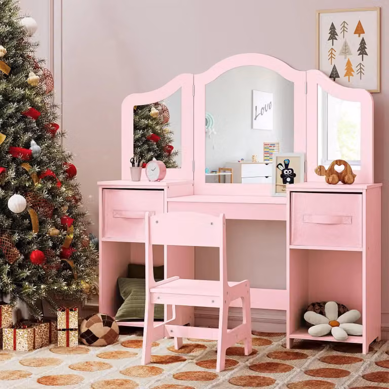 Tavolino da trucco per bambini, tema principessa - Tavolino da parrucco con sedia - Specchio regolabile in 3 posizioni - 2 cassetti per riporre oggetti - Materiale: legno - Dimensioni: 113 x 30 x 108 cm - Colore: bianco e rosa