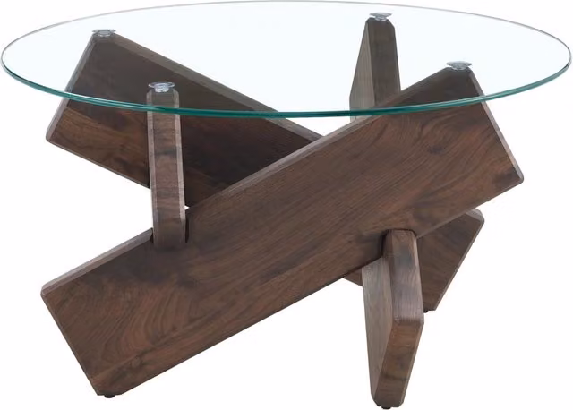 Tavolino da caffè rotondo in MDF con piano in vetro temperato 0,8 cm e gambe a croce effetto noce, diametro 79 cm