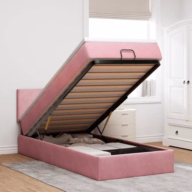 Letto con contenitore a sollevamento vidaXL in velluto rosa e bianco con materasso L: 100 cm, P: 200 cm, H: 88 cm – 1