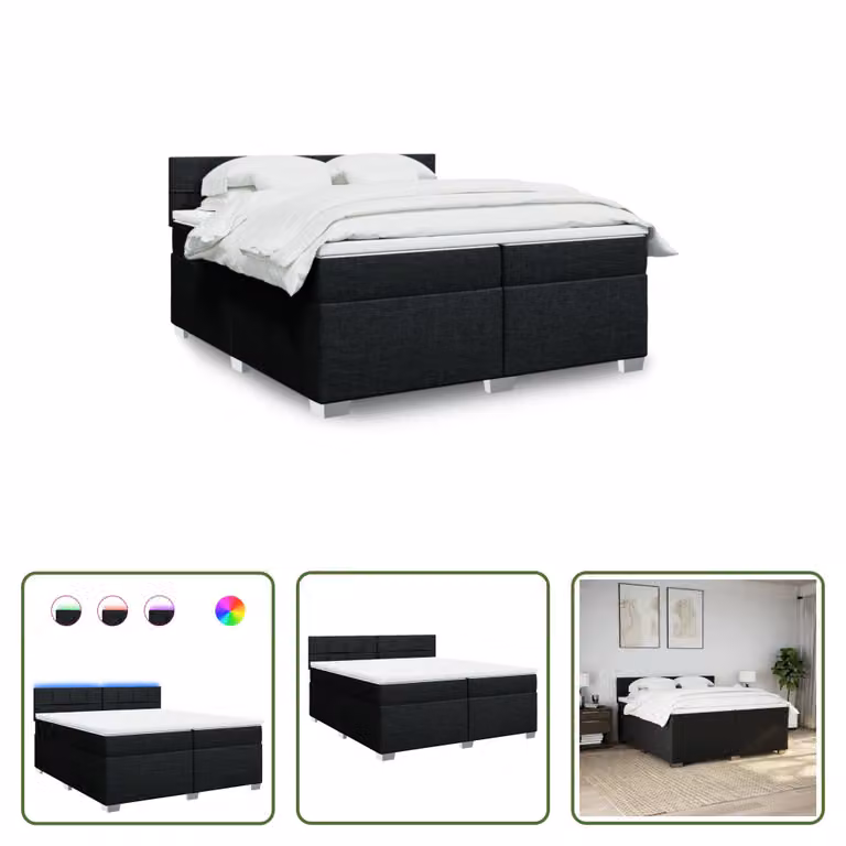 The Living Store Letto a molle con materasso nero 200x200 cm in tessuto