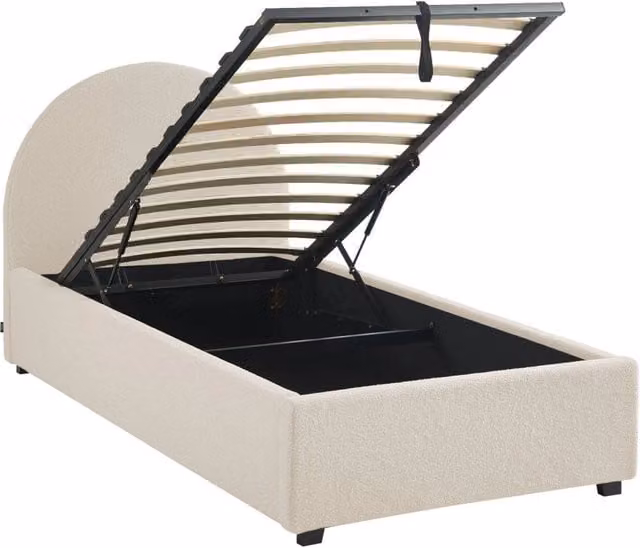 Letto con contenitore e testiera imbottita in bouclé bianco Sweeek L/P/H: 90 x 190 x 104 cm