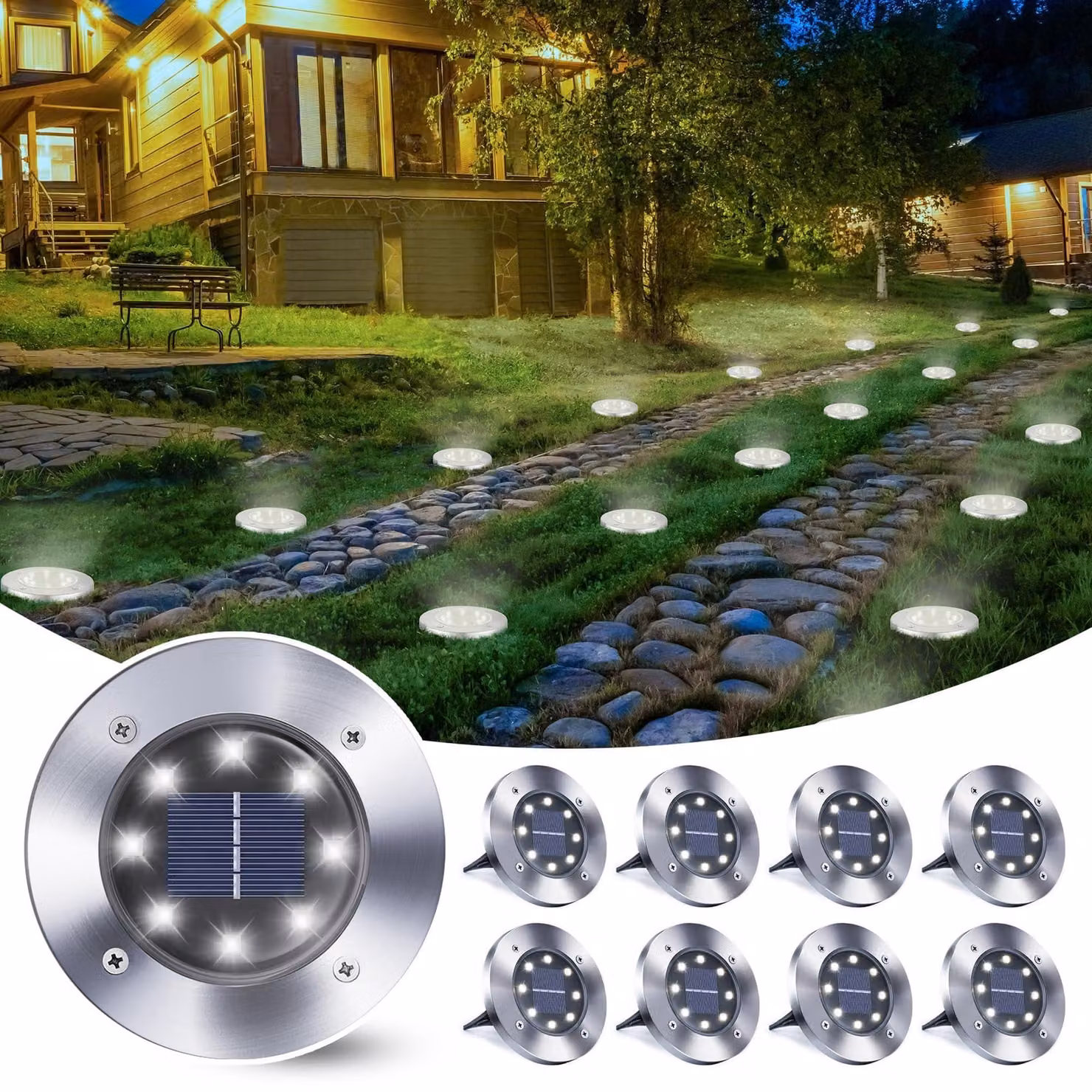 Set di 8 luci solari da giardino, con 8 LED, colore bianco, impermeabili, per uso esterno