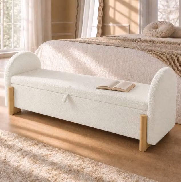 Panca contenitore 146x47x61 cm in boucl¨¦ con MDF e legno massello, bianca
