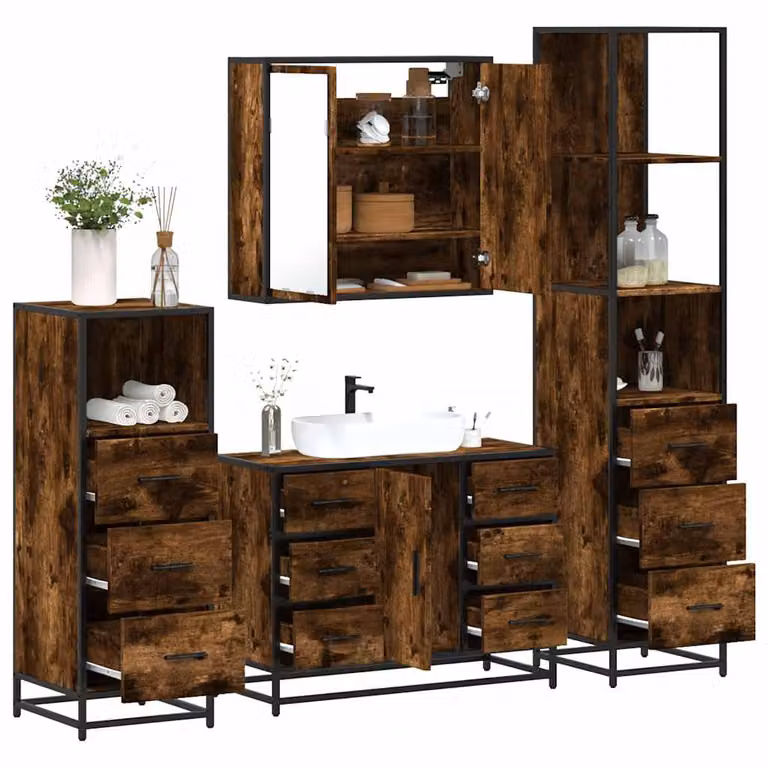 Set di mobili da bagno industrial vidaXL in legno e metallo marrone, composto da armadietto con specchio, mobile lavabo, mobile laterale e colonna alta