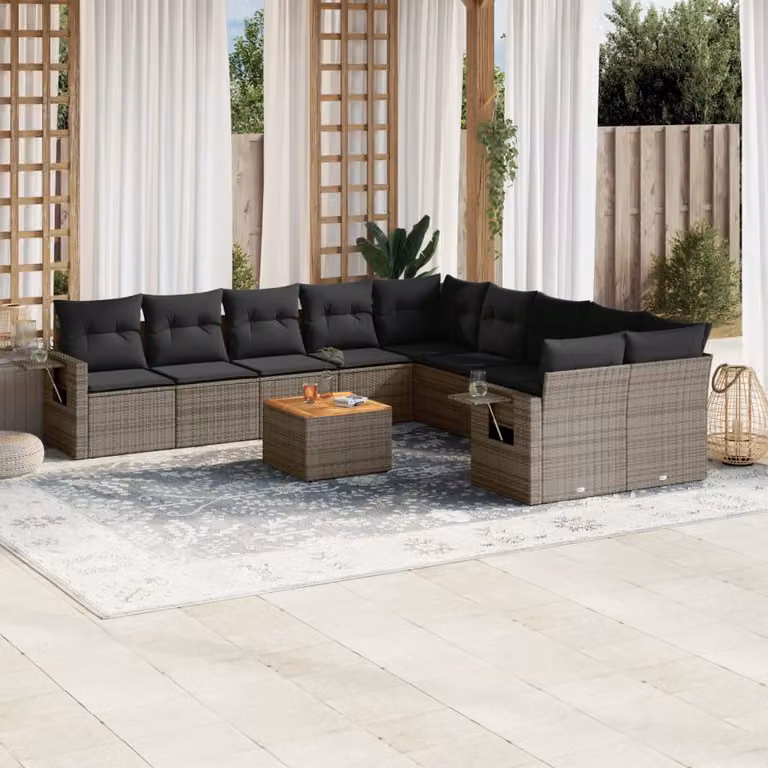 vidaXL Set Divani da Giardino 11 pz in Polyrattan Grigio con Cuscini e Tavolino da Caffè