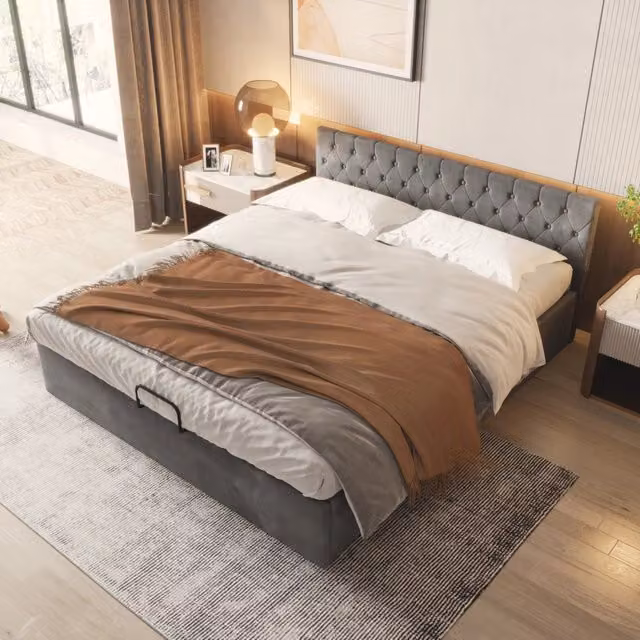 LETTO Contenitore 180x200 cm in velluto grigio con testiera capitonné
