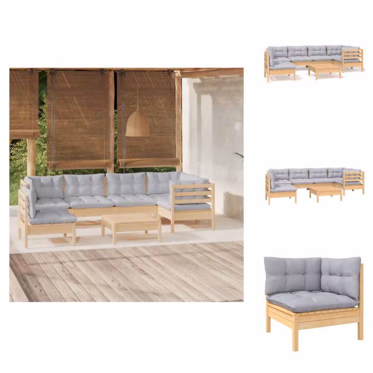 vidaXL set da salotto da giardino 7 pezzi con cuscini grigi in legno di pino - Set di mobili da giardino