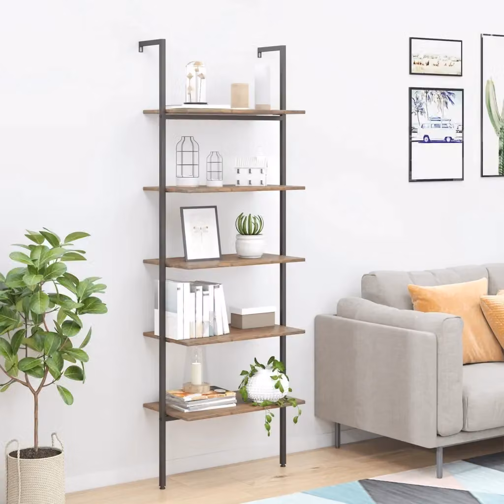 Scaffale a parete DESIGN IN con 5 livelli in legno e metallo, Marrone Scuro e Nero, L: 64 cm, P: 35 cm, H: 185 cm – 2