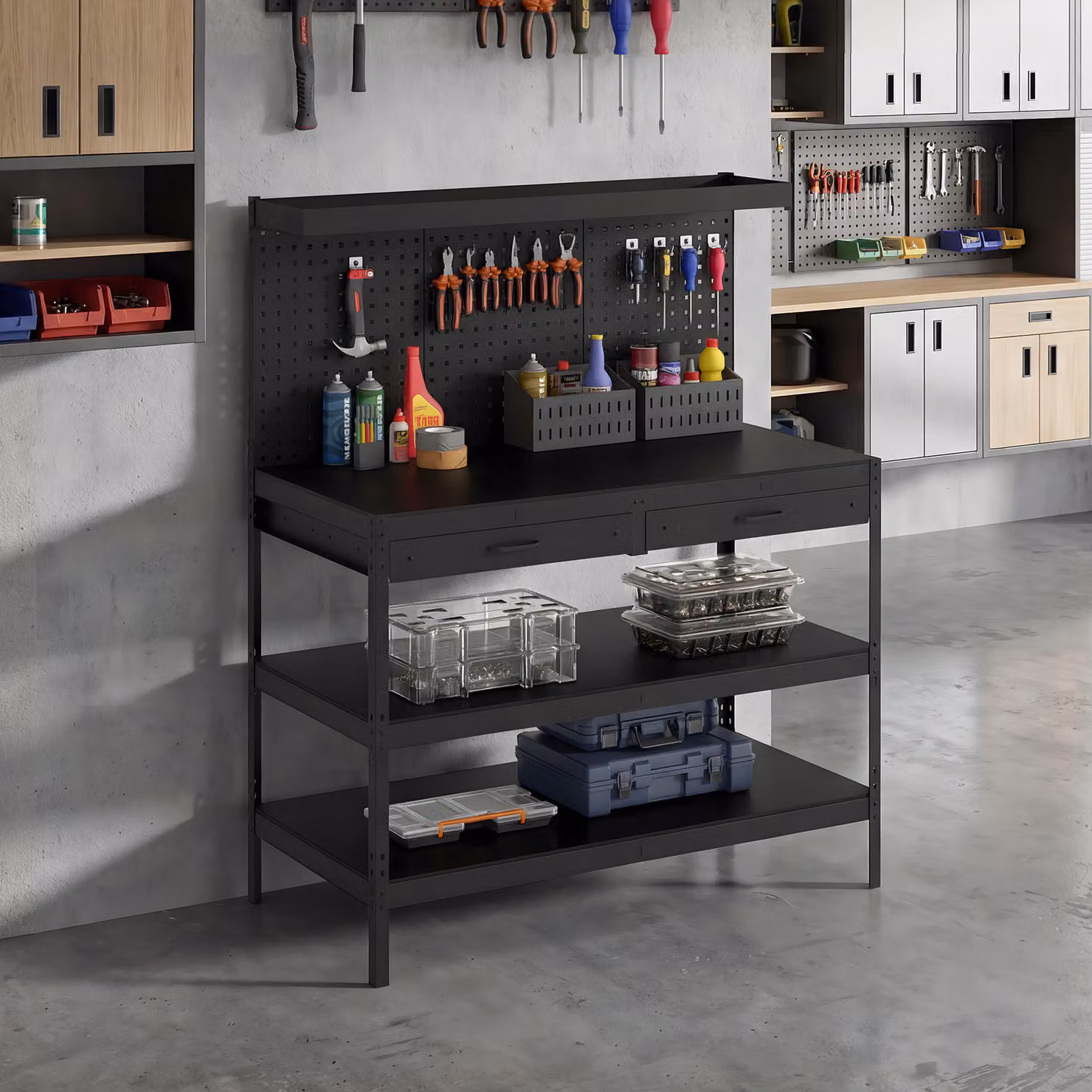 HOMCOM Banco da lavoro con ripiani regolabili, pannello forato e 2 cassetti, Nero, L 122 x P 61 x H 156 cm – 2
