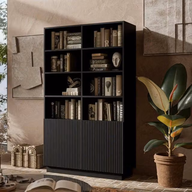Libreria Miniato DMORA con vani aperti e due ante, Design moderno e minimale, Nero, L: 172 cm, P: 40 cm, H: 100 cm