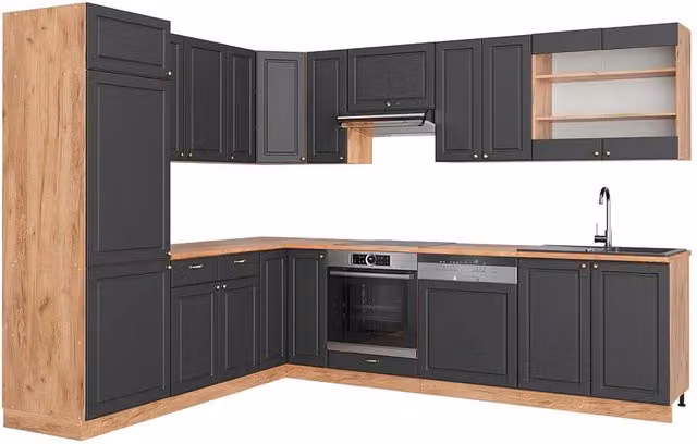 Cucina angolare completa Fame-Line Vicco in Rovere dorato e Antracite Oro, finitura opaca rustica, L/P/H: 287 x 227 x 60 cm