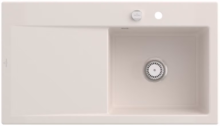 Lavello Villeroy & Boch con piano di appoggio laterale a sinistra, modello Subway Style 50, colore crema, dimensioni 90x51 cm, in Vetroceramica, con comando a leva laterale