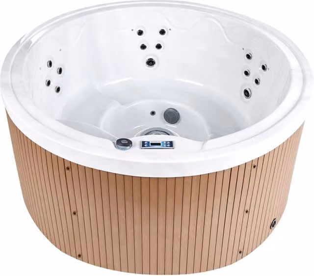 Vasca idromassaggio Beliani in acrilico bianco con pannelli esterni marroni rotondi, 22 getti, riscaldamento e LED, L: 198 cm