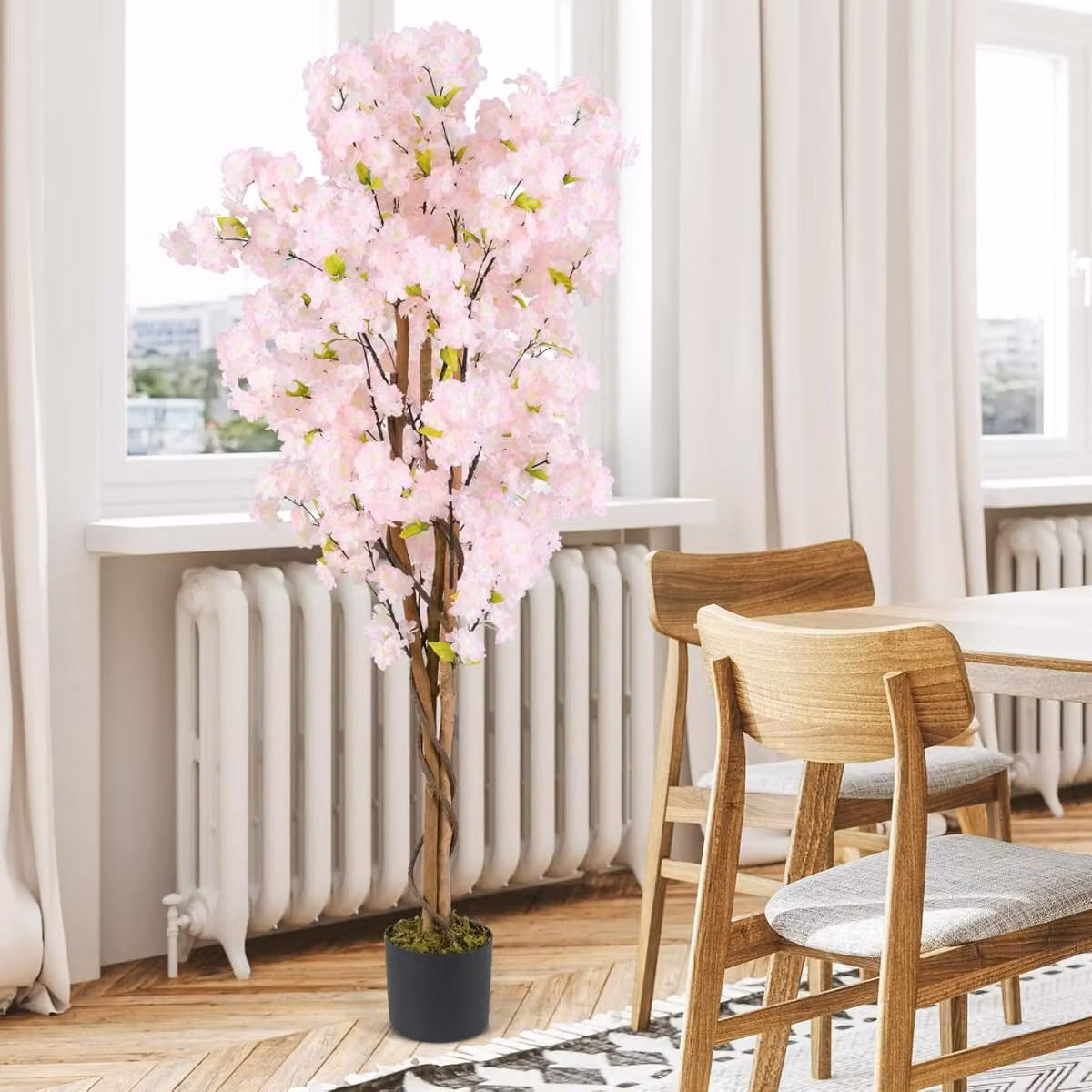 Set di 2 alberi di ciliegio artificiali Costway con fiori rosa e foglie verdi, Altezza: 150 cm