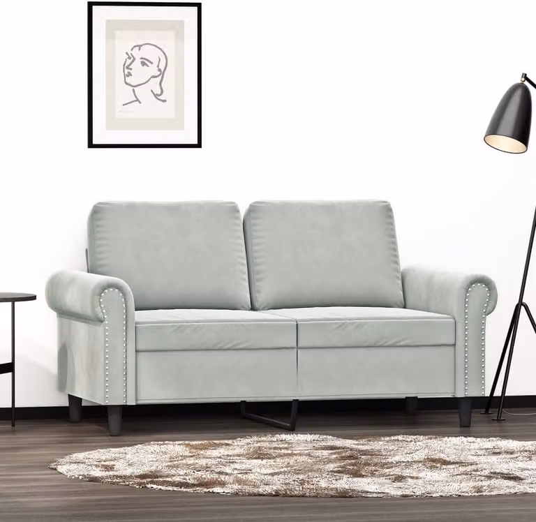 Divano a due posti, colore grigio chiaro, rivestito in velluto, dimensioni 120 cm