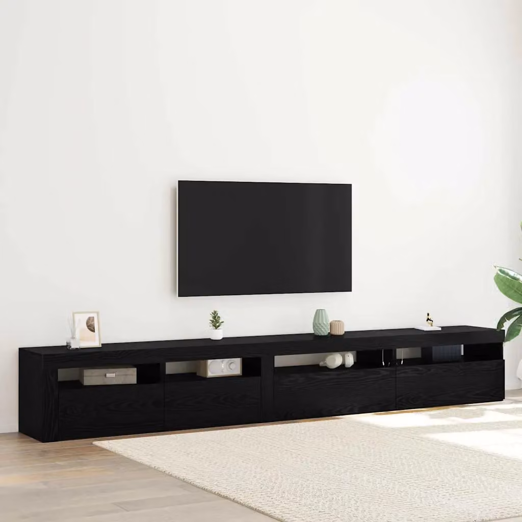 Set mobile TV moderno vidaXL in 3 pezzi, colore nero e rovere, in legno ingegnerizzato con illuminazione integrata e scomparti multimediali, L: 270 cm, P: 40 cm, H: 35 cm