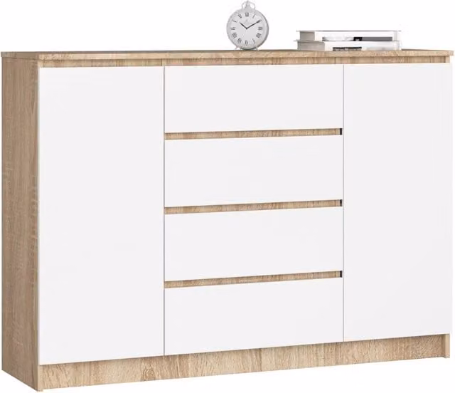 Cassettiera AKORD K140 Sonoma Quercia 138 cm 2 ante 4 cassetti inserto frontale Bianco 138x40x99 cm