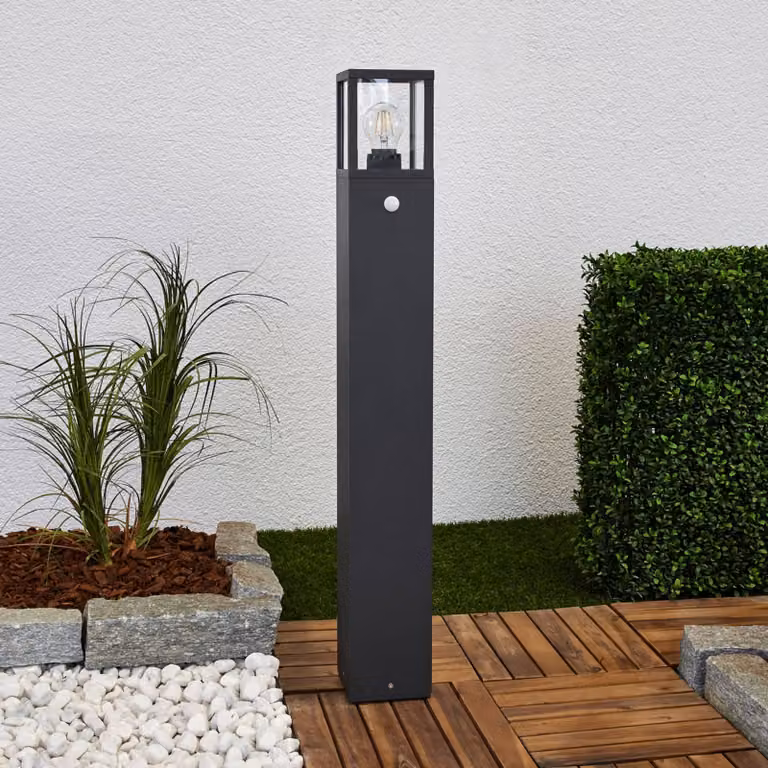 Lucande lampione Klemens, 90 cm, sensore, antracite, E27 Klemens, Nero, Alluminio, Moderno