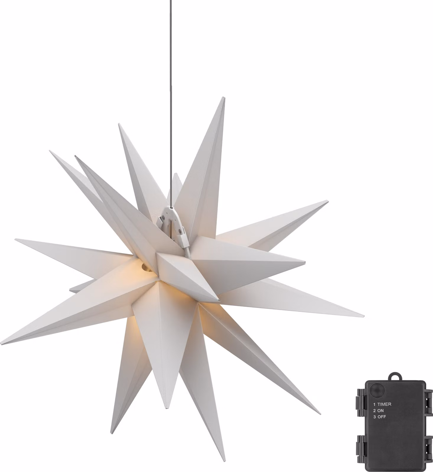 Goobay 64788 Stella di Natale LED 3D, Ø 56 cm, a batteria, bianco-trasparente, 2 m - Stella da esterno con timer e 18 punti, bianco caldo (3000 K), per uso interno ed esterno (IP44),