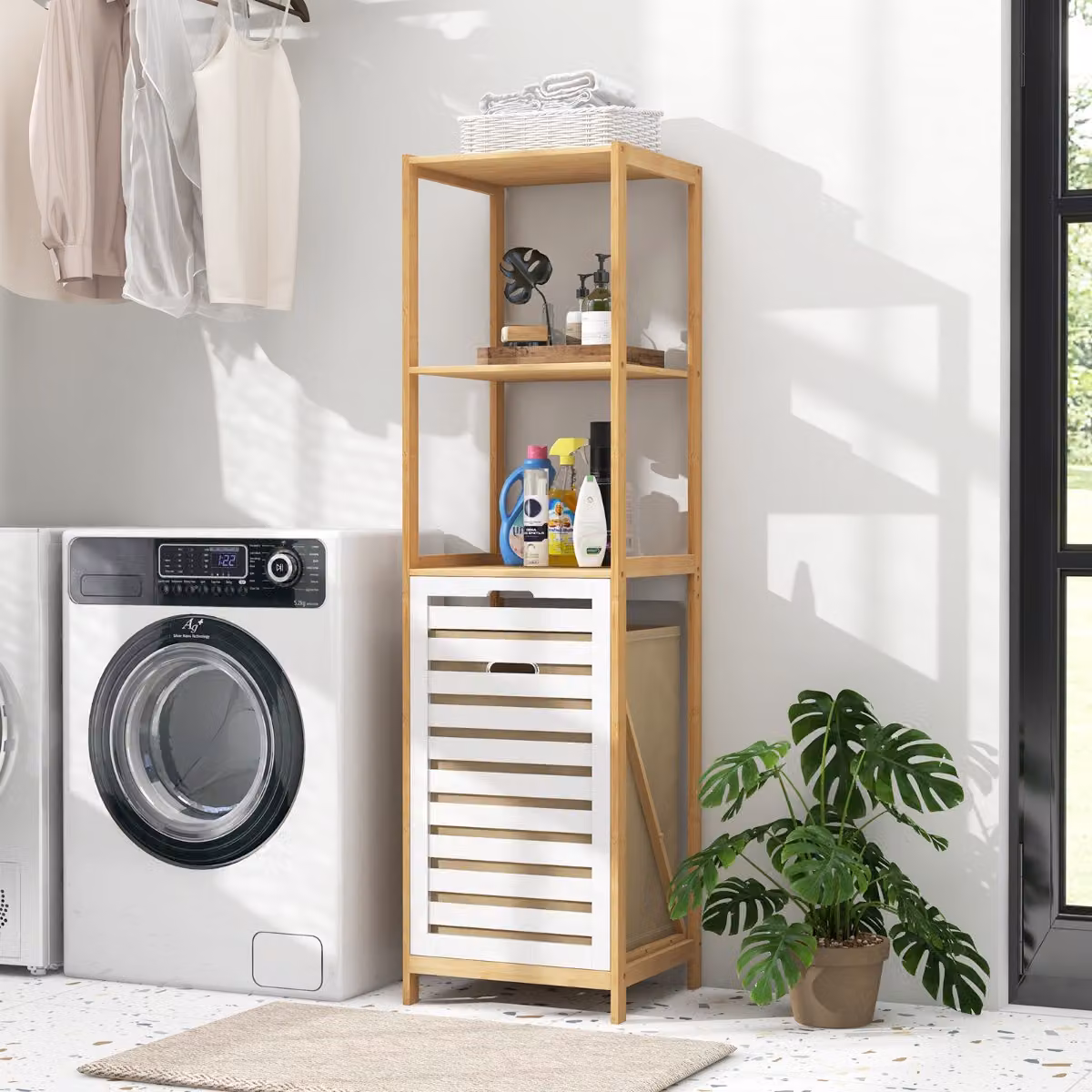 Cesto per il bucato Costway a 4 livelli in bambù con coperchio, colore marrone