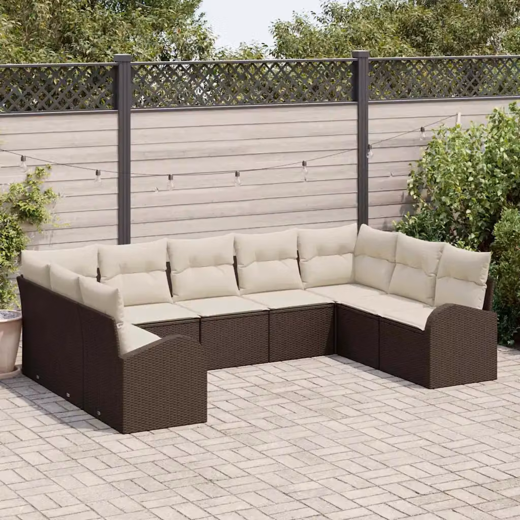 Set Divano da Giardino Moderno vidaXL in Polyrattan con Cuscini, 9 Pezzi, Marrone e Bianco – 1