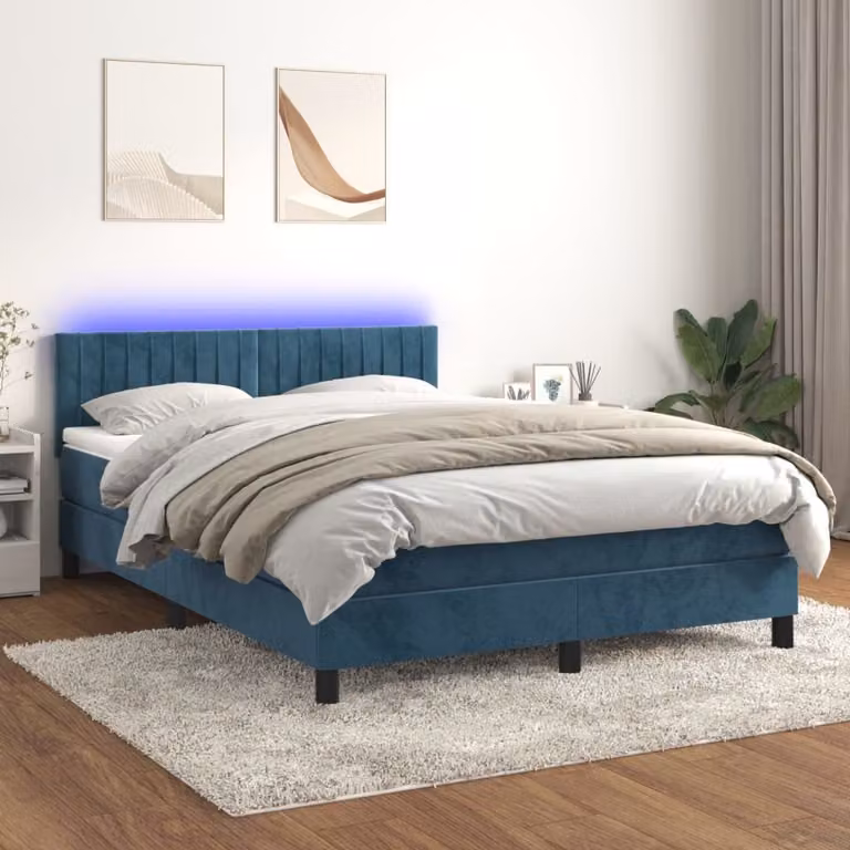 The Living Store Letto a molle con materasso e LED in velluto blu scuro 140x200 cm