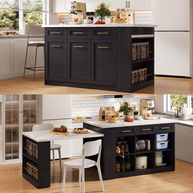 Isola da cucina allungabile ¨C Minimal ¨C bianco effetto marmo legno, 150+96cm con vani contenitori