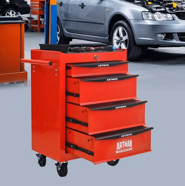 Carrello portautensili 60x33x77;5 cm rosso e nero in acciaio; 4 cassetti