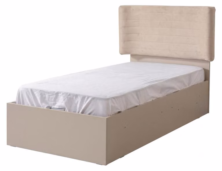 Letto beige con struttura in metallo, testiera imbottita, ideale per la camera da letto o la stanza dei ragazzi, stile moderno
