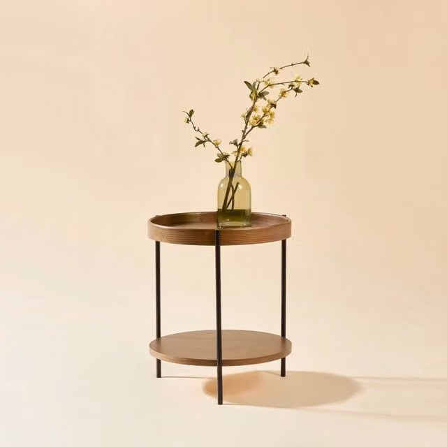 Tavolino rotondo 44x44x48 cm noce, design a 2 livelli, in legno, MDF e metallo