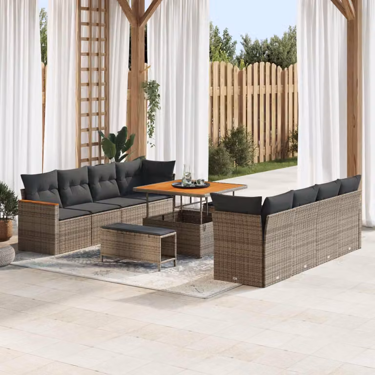 Set Divano da Giardino Moderno vidaXL in Polyrattan Grigio con Cuscini e Tavolino 11 pz