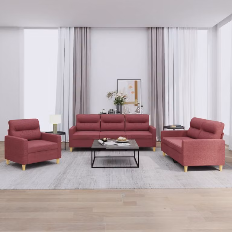 Set di divani 3 pezzi vidaXL in tessuto rosso con cuscini per soggiorno moderno