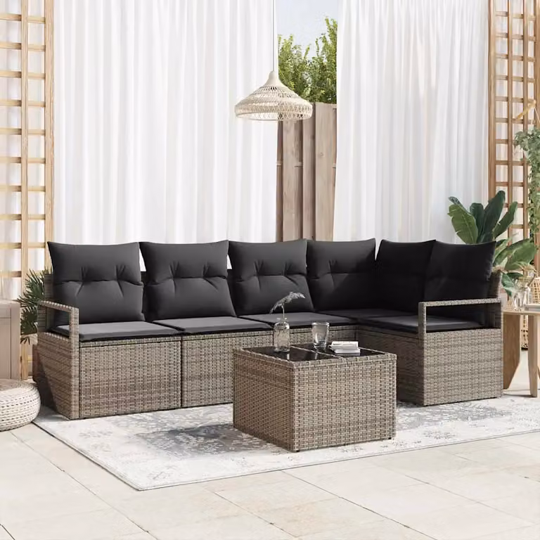 Set Divano da Giardino vidaXL 6 Pezzi a Forma di L Grigio con Cuscini e Tavolino da Caffè in Polyrattan e Metallo