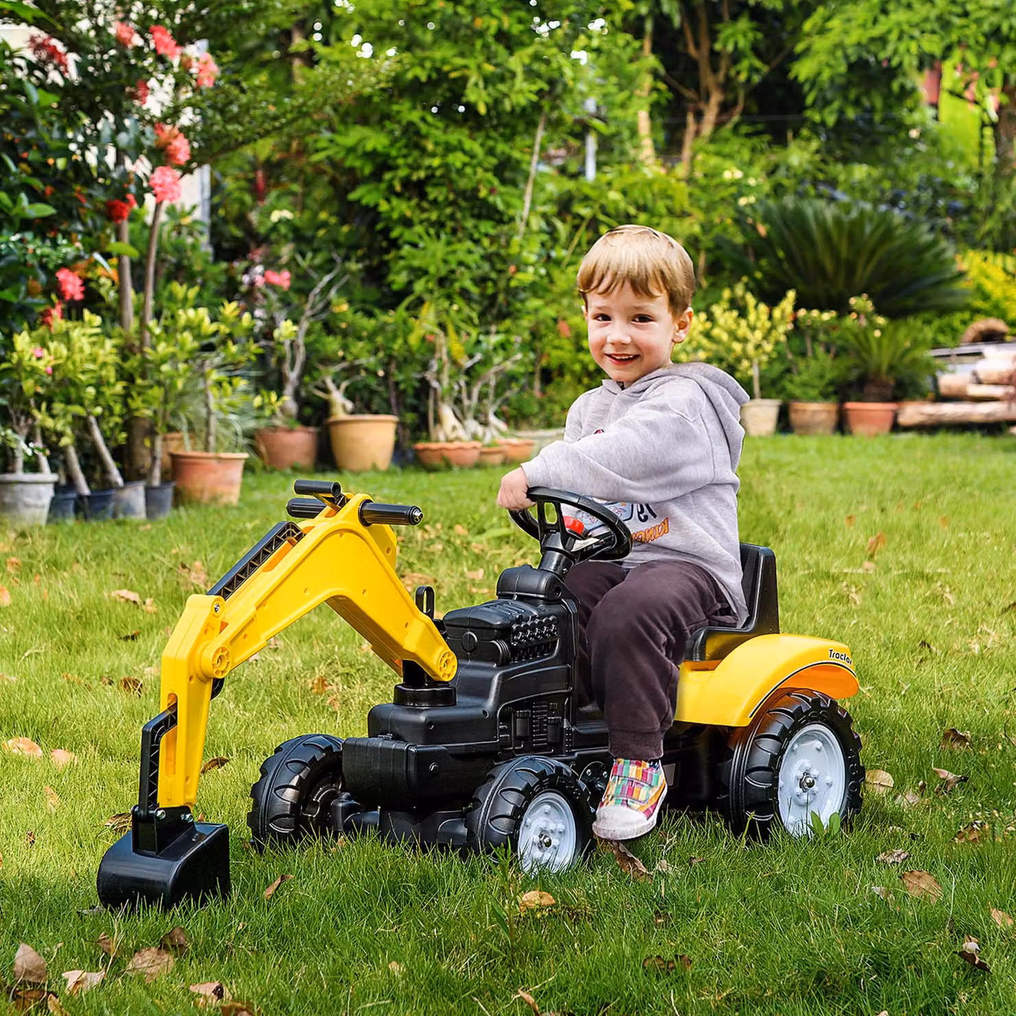 Ruspa giocattolo a pedali HOMCOM per bambini da 3 a 6 anni, in acciaio e plastica, Giallo, L 107 cm x P 42 cm x H 71 cm – 2