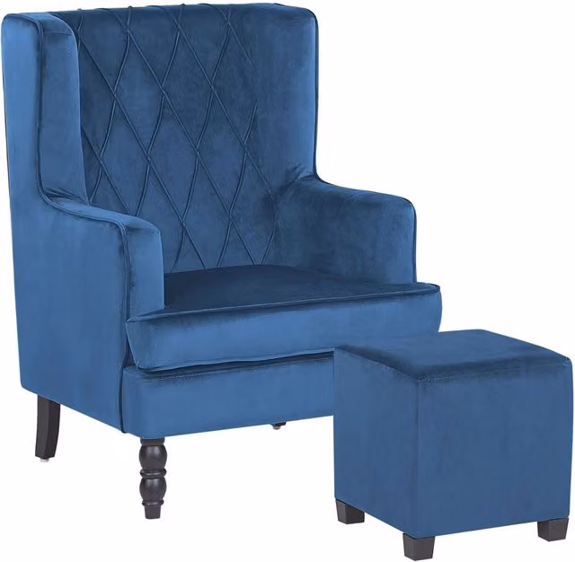 Poltrona con Poggiapiedi BELIANI in Velluto Blu con Gambe in Legno di Gomma Stile Wingback L 103 cm, P 72 cm, H 62 cm – 1
