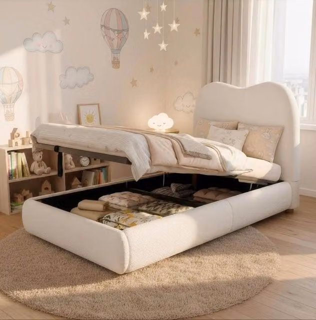 Letto contenitore 90x200 cm beige con contenitore idraulico, testiera e rete, senza materasso