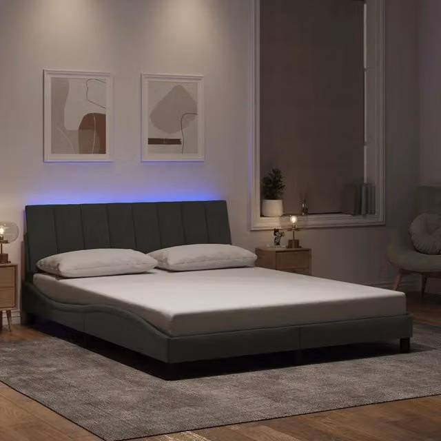 Letto Hanko vidaXL in velluto grigio con illuminazione LED e porta di ricarica USB, L/P: 160 x 200 cm