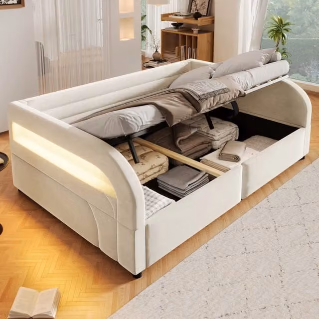 Letto matrimoniale 140 × 200 cm con contenitore idraulico e LED multicolore, senza materasso, flanella beige