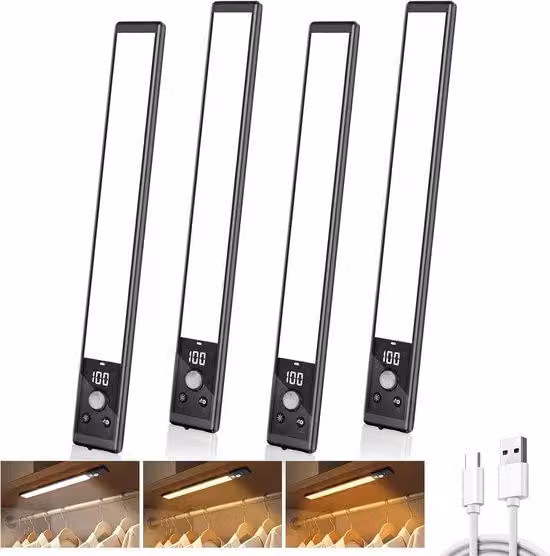 Confezione da 4 luci a LED da incasso da 24 cm – 52 LED – Ricaricabili – Sensore di movimento – 3 temperature di colore – Magnetiche e dimmerabili – Ideali per la cucina