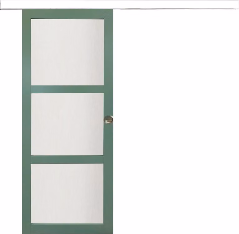 Porta scorrevole verde chiaro con vetro H204 x L83 cm, binario in alluminio con fascia bianca, conchiglie Gd Menuserie