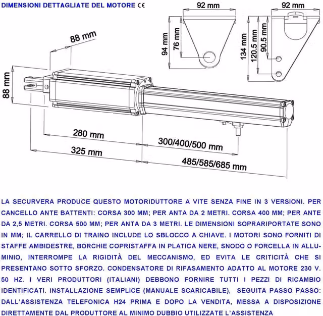 Automatismo Cancello 5 Metri 2 Ante da 2,5 MT Kit Motori Elettromeccanici 230V Sblocco Corsa 300mm Spinta 2 Q.li Staffe 4 Radiocomandi 2 Coppie Fotocellule 2 Pali Selettore 2 Ck Faro Cartello Monitore