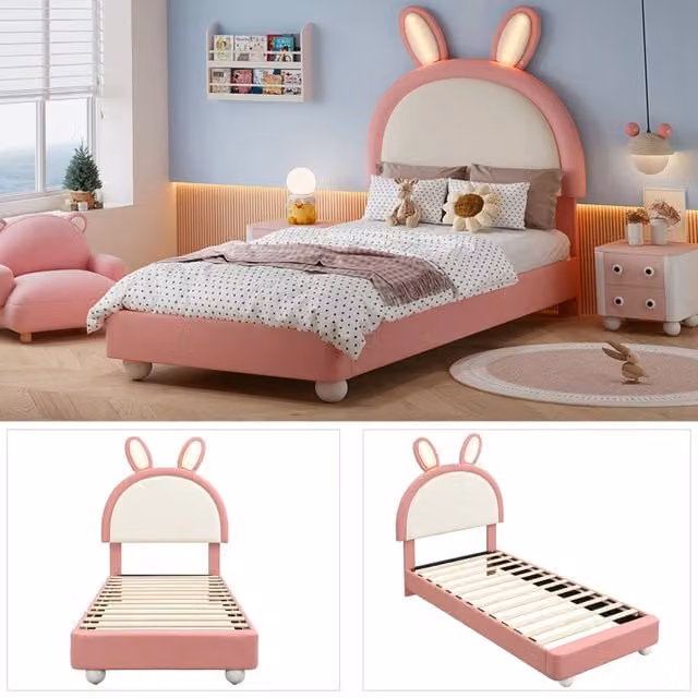 Letto singolo imbottito 90x200 cm con testiera a coniglio; luce LED; bordo morbido antiurto; rosa e bianco