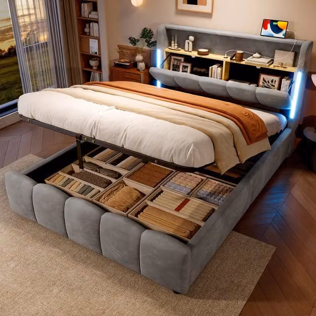 Letto Imbottito Contenitore con LED ¨C MINIMAL ¨C Velluto Grigio, Idraulico, 140x200