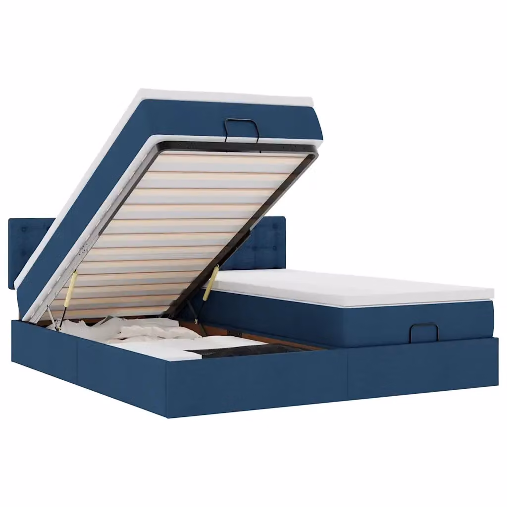 Letto con contenitore a sollevamento vidaXL in tessuto blu e bianco con illuminazione sottostante e porta USB, L/P/H: 200 x 203 x 88 cm – 2