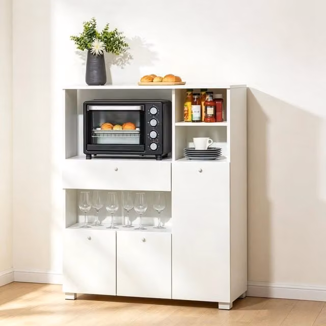 Mobile soggiorno e cucina moderno con ripiani aperti e cassetto, credenza pratica (solo mobile soggiorno)