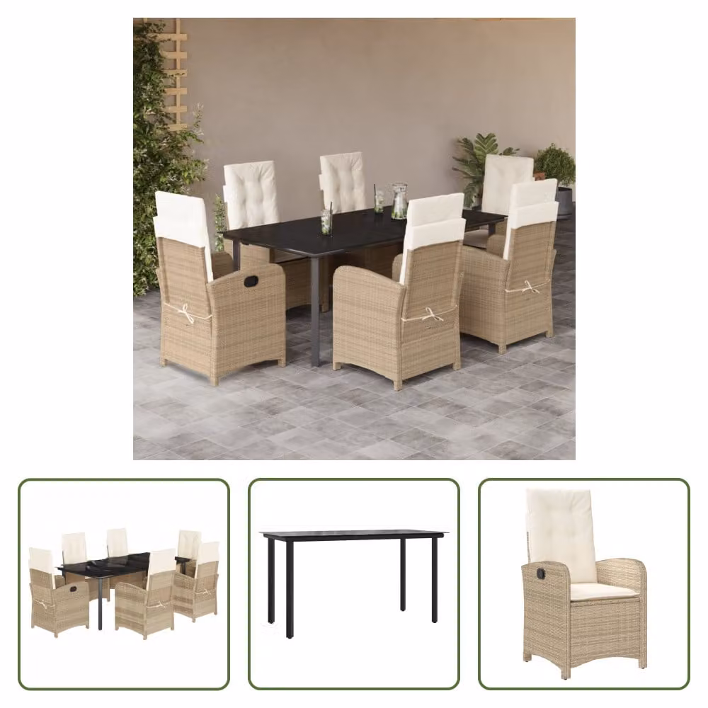 The Living Store Set da pranzo da giardino 7 pezzi con cuscini Beige poly rattan