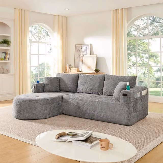 Divano Angolare a L con Braccioli e Tasche Laterali ¨C MINIMAL ¨C Lino Beige