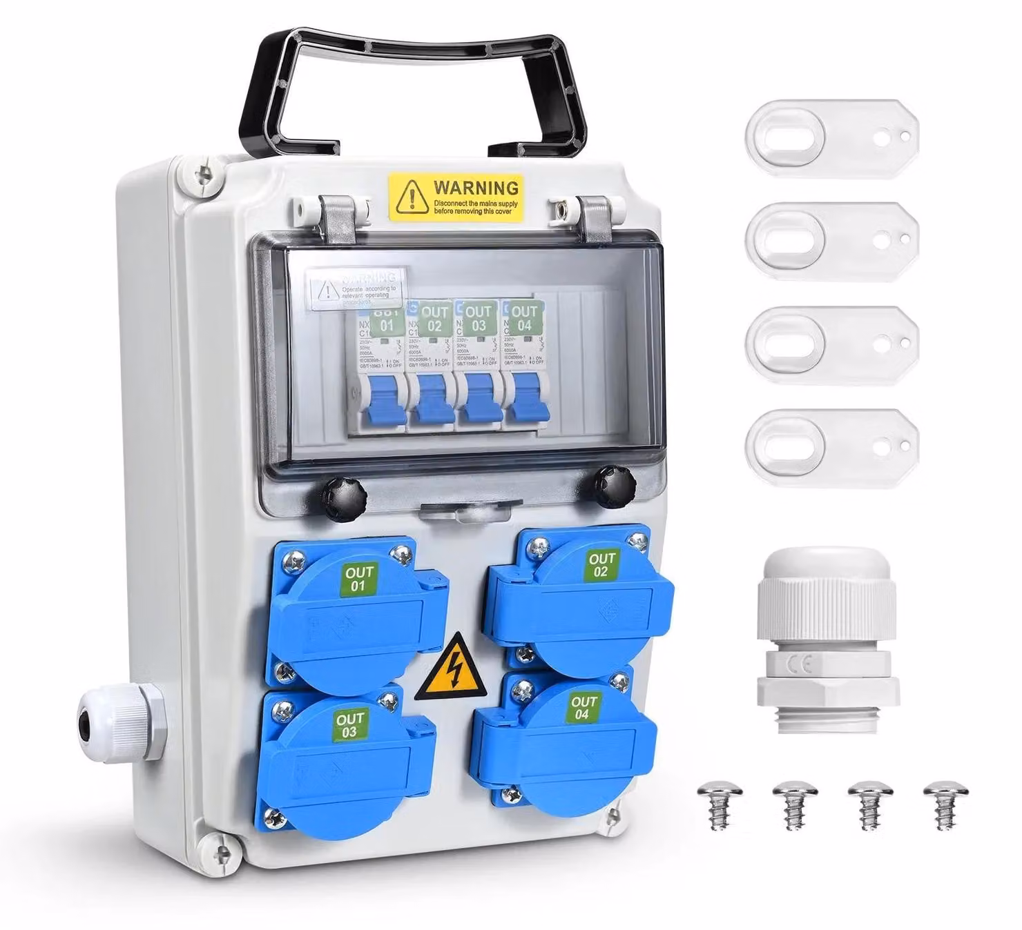 Distributore di corrente per cantiere - Scatola di derivazione da parete, 16 A, 4x230 V - Con interruttori di protezione - Grado di protezione IP54 - Adatta per interni ed esterni - - Grigio scuro