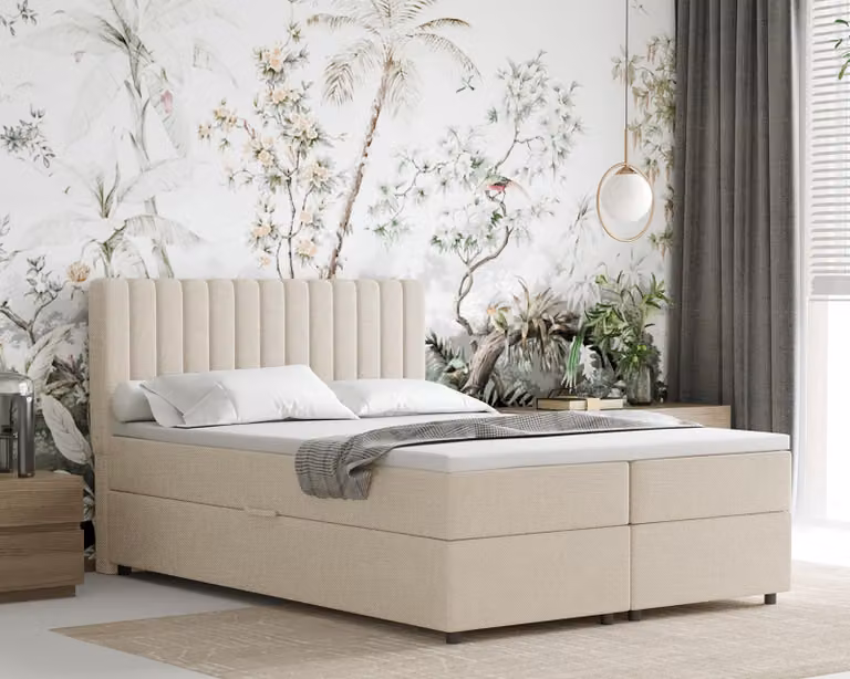 Letto boxspring 140x200 EVEREST, con topper, con cassetti, letto matrimoniale, beige, Panda Möbel